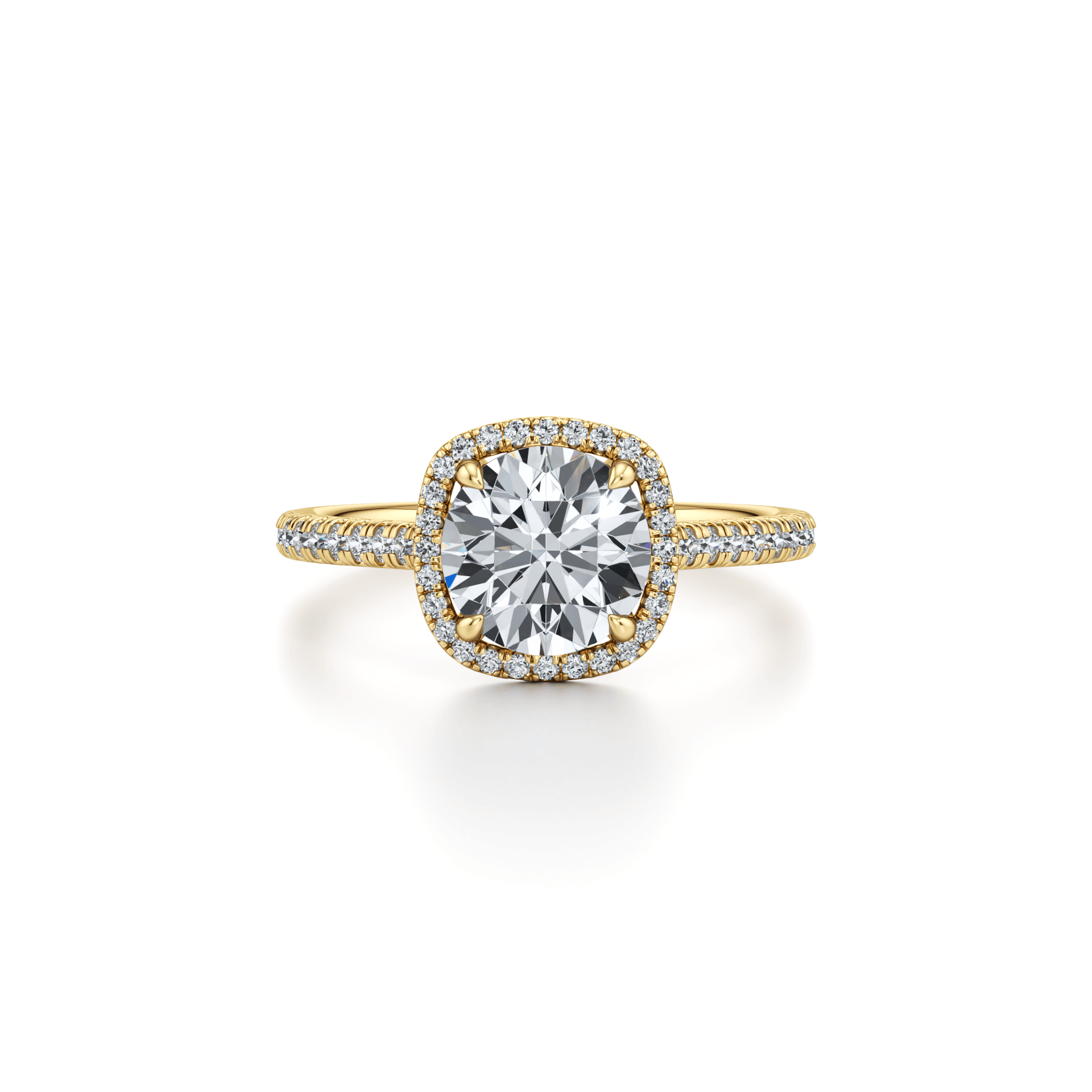 Cushion halo diamond solitaire ring rendered in yellow gold, three-quarter view