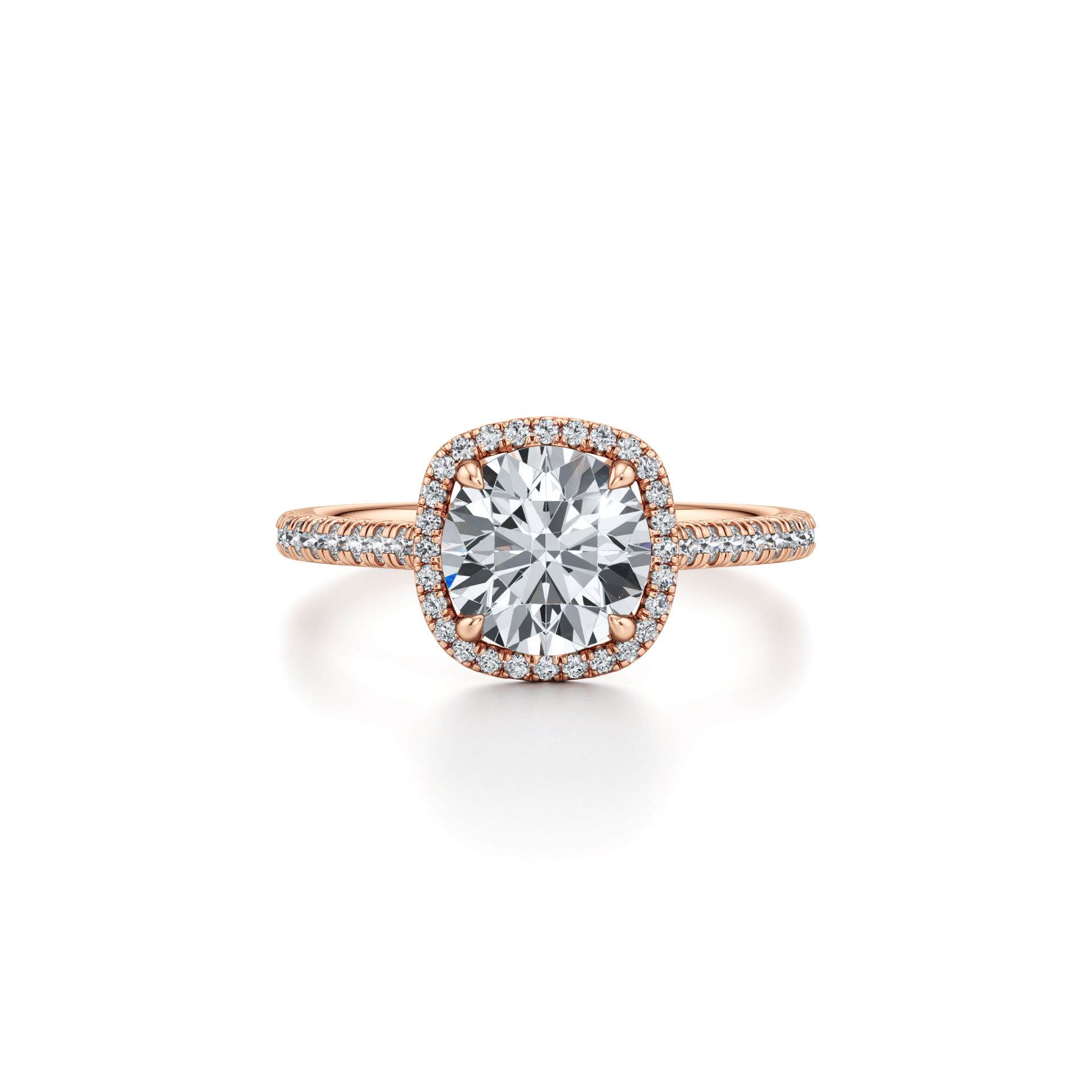 The same cushion halo solitaire ring rendered in rose gold, three-quarter view