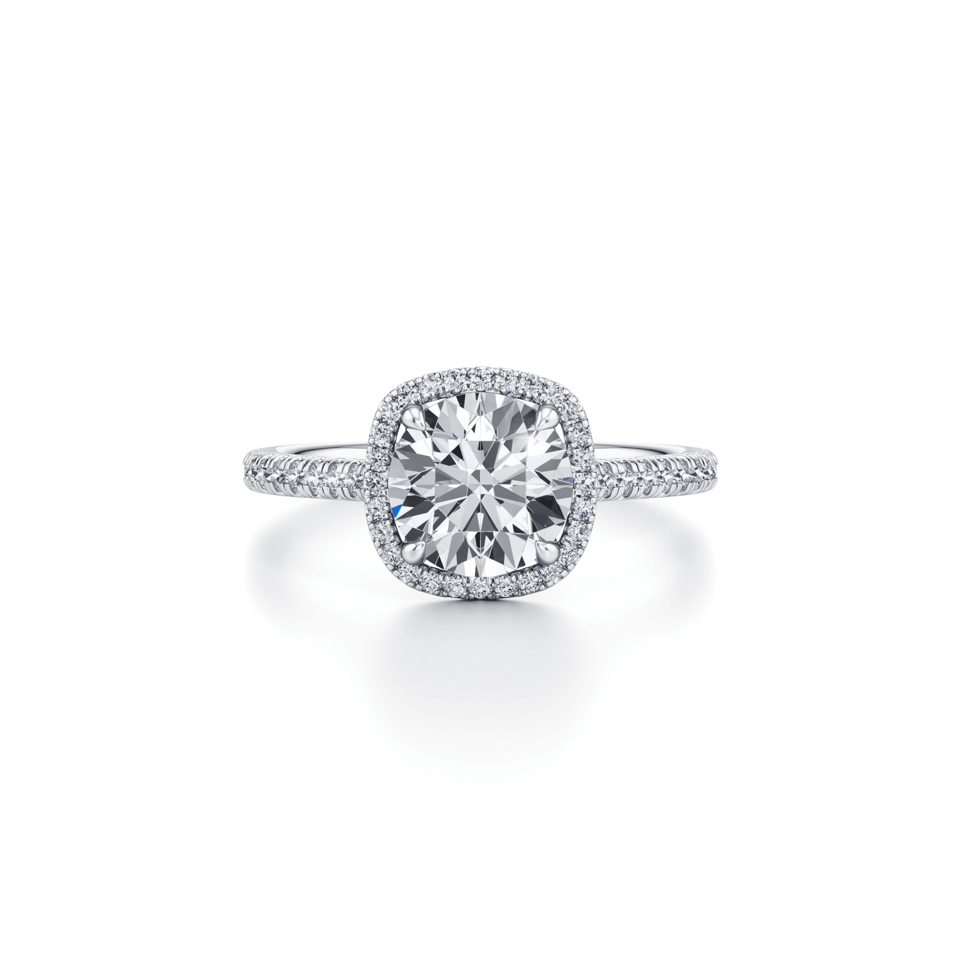 The same cushion halo solitaire ring rendered in white gold, three-quarter view
