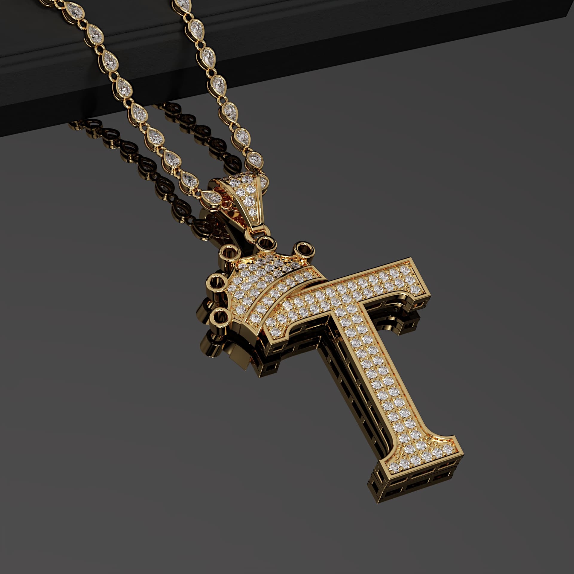 Diamond set cross pendant on a chain, rendered in a dark studio setting