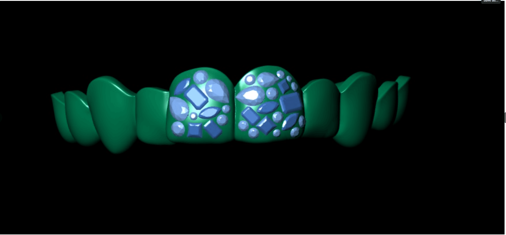 CAD model of a diamond set grillz, shown as an untextured 3D model with the stone layout marked on each tooth