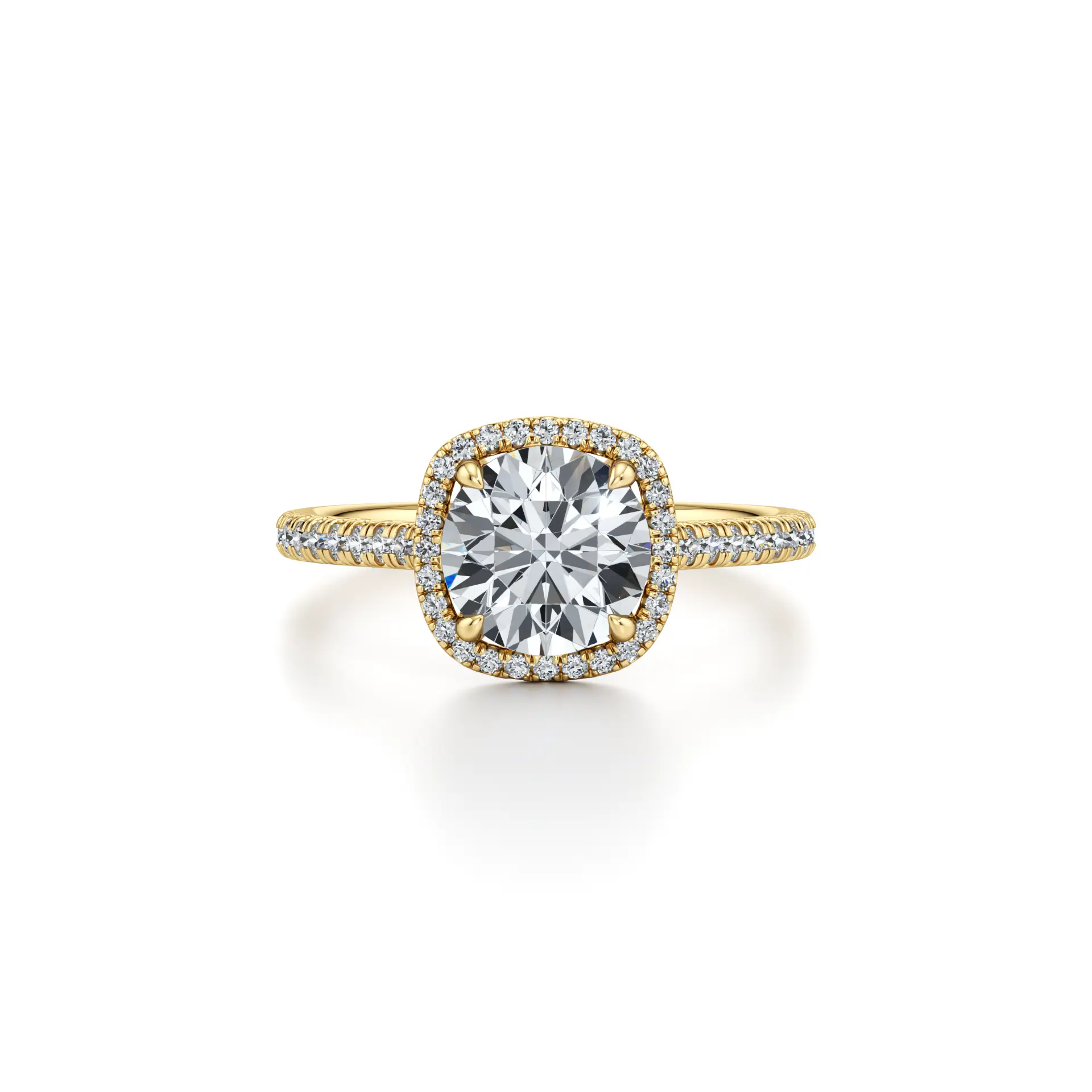 Cushion halo diamond solitaire ring rendered in yellow gold, three-quarter view