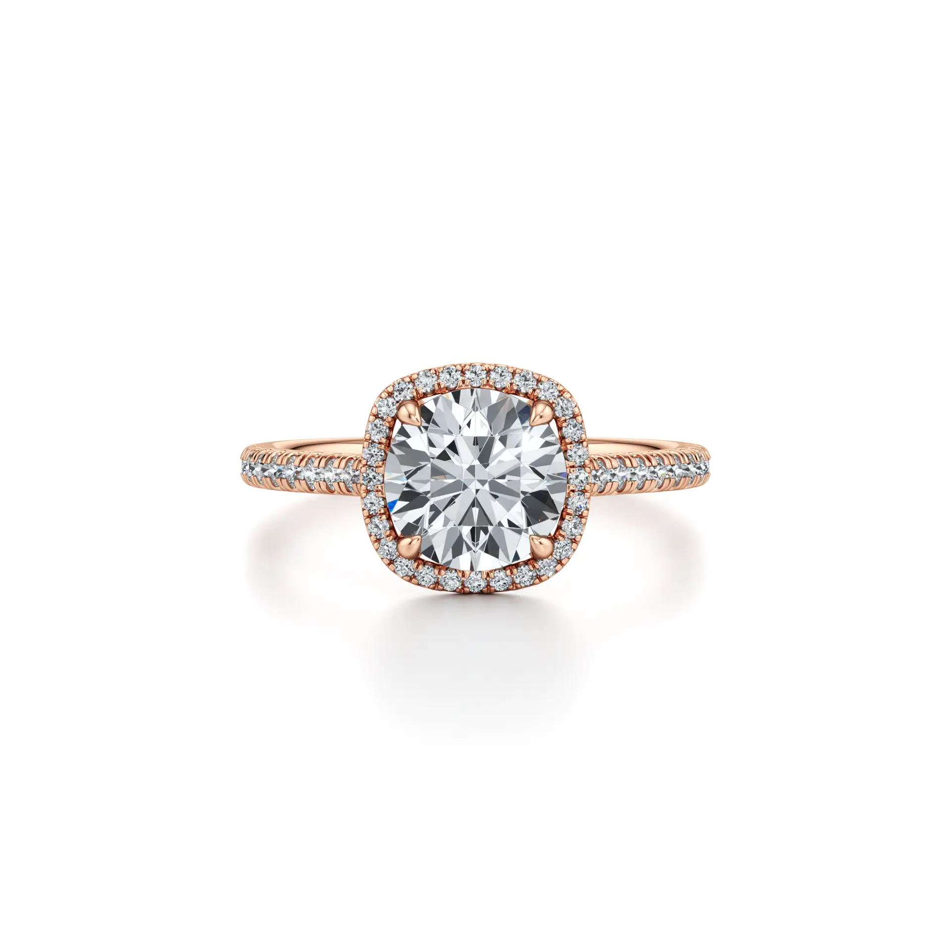 The same cushion halo solitaire ring rendered in rose gold, three-quarter view