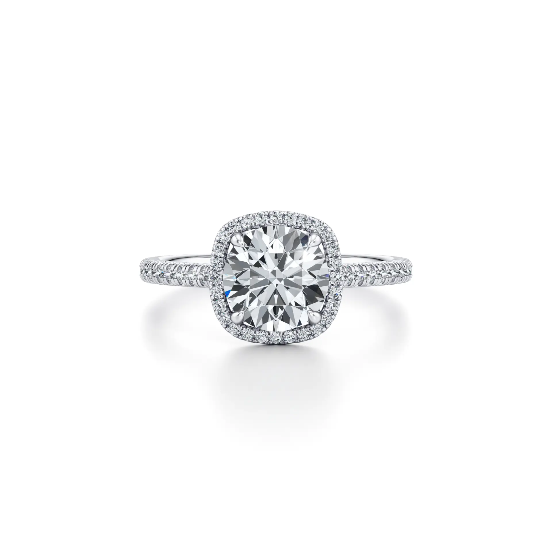 The same cushion halo solitaire ring rendered in white gold, three-quarter view